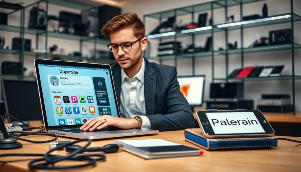 A sleek, modern workspace filled with technology and digital devices. In the foreground, a confident person in smart casual attire is focused on a laptop, showcasing the "Dopamine" jailbreak interface in vivid detail. Their expression is determined and inspired as they navigate the screen, surrounded by colorful icons representing various apps and jailbreak options. The middle ground features a stylish desk cluttered with tools like cables, a smartphone displaying the Palera1n logo, and a notebook filled with technical notes. The background has soft ambient lighting, giving a warm and innovative atmosphere, with blurred outlines of shelves filled with tech gadgets. The scene captures the essence of modern tech, innovation, and the excitement of jailbreaking iOS devices. A sleek, modern workspace filled with technology and digital devices. In the foreground, a confident person in smart casual attire is focused on a laptop, showcasing the "Dopamine" jailbreak interface in vivid detail. Their expression is determined and inspired as they navigate the screen, surrounded by colorful icons representing various apps and jailbreak options. The middle ground features a stylish desk cluttered with tools like cables, a smartphone displaying the Palera1n logo, and a notebook filled with technical notes. The background has soft ambient lighting, giving a warm and innovative atmosphere, with blurred outlines of shelves filled with tech gadgets. The scene captures the essence of modern tech, innovation, and the excitement of jailbreaking iOS devices.