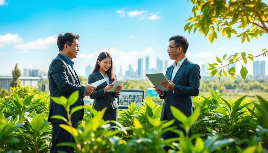 A vibrant and engaging visual representation of Indonesia's recycling policies showcasing a collaborative environment. In the foreground, a diverse group of professionals in smart business attire are discussing innovative recycling strategies, holding charts and digital tablets. The middle ground features a recycling plant with modern technology, bright green foliage surrounding it, emphasizing sustainability. In the background, a clear blue sky and a city skyline represent Indonesia's urban development harmonized with environmental consciousness. The lighting is bright and welcoming, suggesting a productive atmosphere. This scene embodies a proactive approach to recycling, innovation, and community collaboration, with a hopeful and inspiring tone reflecting Indonesia's commitment to environmental responsibility. A vibrant and engaging visual representation of Indonesia's recycling policies showcasing a collaborative environment. In the foreground, a diverse group of professionals in smart business attire are discussing innovative recycling strategies, holding charts and digital tablets. The middle ground features a recycling plant with modern technology, bright green foliage surrounding it, emphasizing sustainability. In the background, a clear blue sky and a city skyline represent Indonesia's urban development harmonized with environmental consciousness. The lighting is bright and welcoming, suggesting a productive atmosphere. This scene embodies a proactive approach to recycling, innovation, and community collaboration, with a hopeful and inspiring tone reflecting Indonesia's commitment to environmental responsibility.