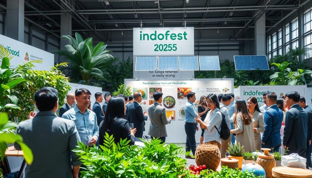A vibrant scene depicting the collaboration between Indofood and IdeaFest 2025, showcasing a sustainable environment. In the foreground, diverse professionals in business attire engage in discussions, surrounded by eco-friendly materials and prototypes for waste management solutions. The middle layer features a modern exhibition space with interactive displays highlighting innovative sustainability projects. In the background, lush greenery and solar panels emphasize a commitment to environmental preservation. The lighting is bright and inviting, simulating daylight to create an energetic atmosphere. The angle captures the dynamism of the event, inspiring a sense of hope and teamwork in the pursuit of sustainability. A vibrant scene depicting the collaboration between Indofood and IdeaFest 2025, showcasing a sustainable environment. In the foreground, diverse professionals in business attire engage in discussions, surrounded by eco-friendly materials and prototypes for waste management solutions. The middle layer features a modern exhibition space with interactive displays highlighting innovative sustainability projects. In the background, lush greenery and solar panels emphasize a commitment to environmental preservation. The lighting is bright and inviting, simulating daylight to create an energetic atmosphere. The angle captures the dynamism of the event, inspiring a sense of hope and teamwork in the pursuit of sustainability.