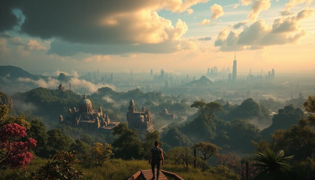 A visually stunning open-world environment, with a meticulously crafted game world that belies its small file size. In the foreground, a protagonist navigates the intricately detailed landscape, their movements smooth and responsive. The middle ground showcases lush vegetation, intricate architecture, and dynamic weather effects that create a sense of depth and immersion. In the background, a breathtaking skyline stretches out, with towering skyscrapers and a vibrant, neon-tinged horizon. The lighting is dramatic, casting long shadows and highlighting the game's vivid color palette. The overall composition is balanced and aesthetically pleasing, demonstrating how exceptional graphics and visuals can be achieved within a compact file size. A visually stunning open-world environment, with a meticulously crafted game world that belies its small file size. In the foreground, a protagonist navigates the intricately detailed landscape, their movements smooth and responsive. The middle ground showcases lush vegetation, intricate architecture, and dynamic weather effects that create a sense of depth and immersion. In the background, a breathtaking skyline stretches out, with towering skyscrapers and a vibrant, neon-tinged horizon. The lighting is dramatic, casting long shadows and highlighting the game's vivid color palette. The overall composition is balanced and aesthetically pleasing, demonstrating how exceptional graphics and visuals can be achieved within a compact file size.