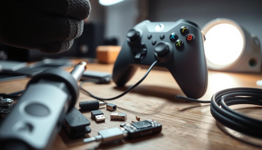A detailed close-up of a USB-C controller cable being repaired on a wooden workbench. In the foreground, tools like a soldering iron, wire cutters, and small electronic components are neatly arranged, with some light reflecting off their metallic surfaces. The middle ground features hands wearing protective gloves, skillfully soldering wires together, showing intricate detail and precision. In the background, a soft-focused ambient light illuminates the workspace, with a blurred view of an Xbox Elite Series 2 controller sitting nearby, implying its connection to the ongoing repair. The atmosphere is focused and technical, emphasizing the skill involved in electronics repair, while promoting a sense of calm and concentration. A detailed close-up of a USB-C controller cable being repaired on a wooden workbench. In the foreground, tools like a soldering iron, wire cutters, and small electronic components are neatly arranged, with some light reflecting off their metallic surfaces. The middle ground features hands wearing protective gloves, skillfully soldering wires together, showing intricate detail and precision. In the background, a soft-focused ambient light illuminates the workspace, with a blurred view of an Xbox Elite Series 2 controller sitting nearby, implying its connection to the ongoing repair. The atmosphere is focused and technical, emphasizing the skill involved in electronics repair, while promoting a sense of calm and concentration.