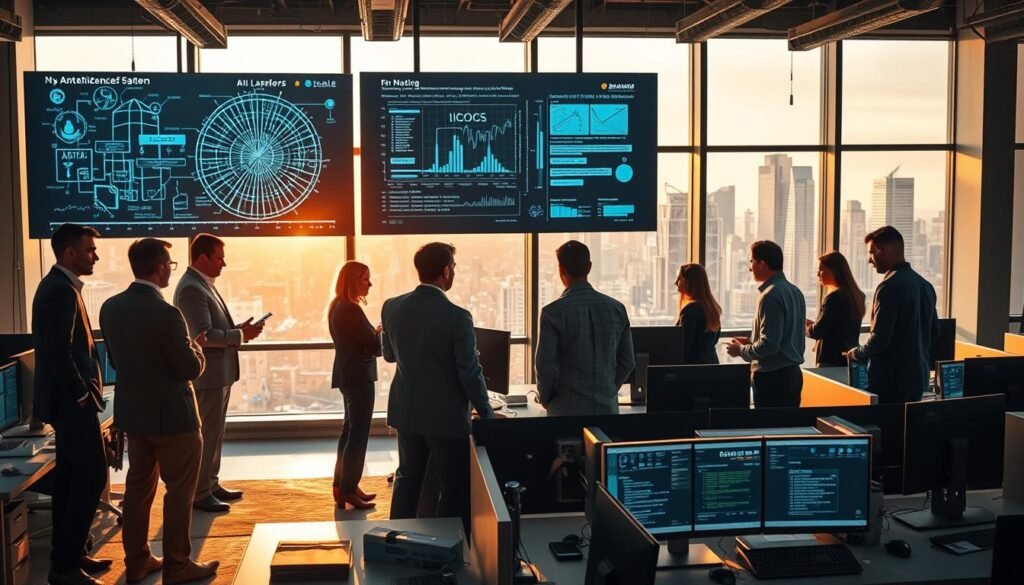 A dynamic office environment showcasing data labeling in action for artificial intelligence. In the foreground, a diverse group of individuals, dressed in smart business attire, actively engaged around a large screen displaying intricate AI algorithms and data visuals. The middle ground features modern workstations filled with computers and digital interfaces representing data annotation tools, while a large window reveals a bustling city skyline bathed in warm afternoon light. Soft shadows create a professional atmosphere, enhancing the sense of innovation and focus within the space. This composition captures the essence of collaboration and technological advancement, reflecting the success story of Alexandr Wang and Scale AI in transforming the business landscape through AI. A dynamic office environment showcasing data labeling in action for artificial intelligence. In the foreground, a diverse group of individuals, dressed in smart business attire, actively engaged around a large screen displaying intricate AI algorithms and data visuals. The middle ground features modern workstations filled with computers and digital interfaces representing data annotation tools, while a large window reveals a bustling city skyline bathed in warm afternoon light. Soft shadows create a professional atmosphere, enhancing the sense of innovation and focus within the space. This composition captures the essence of collaboration and technological advancement, reflecting the success story of Alexandr Wang and Scale AI in transforming the business landscape through AI.