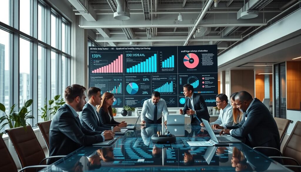 A dynamic office scene showcasing the impact of artificial intelligence on operational efficiency and productivity. In the foreground, a diverse group of professionals in business attire collaborates around a high-tech conference table, analyzing data on laptops and digital screens. The middle layer features a large interactive display showing AI analytics graphs and productivity metrics, illustrating advancements in business operations. The background includes a modern, open-plan office with floor-to-ceiling windows, letting in natural light that enhances the atmosphere of innovation and progress. The overall mood should evoke a sense of forward-thinking, collaboration, and the transformative power of AI in the business world. Use a wide-angle lens for an expansive view, capturing both detail and context. A dynamic office scene showcasing the impact of artificial intelligence on operational efficiency and productivity. In the foreground, a diverse group of professionals in business attire collaborates around a high-tech conference table, analyzing data on laptops and digital screens. The middle layer features a large interactive display showing AI analytics graphs and productivity metrics, illustrating advancements in business operations. The background includes a modern, open-plan office with floor-to-ceiling windows, letting in natural light that enhances the atmosphere of innovation and progress. The overall mood should evoke a sense of forward-thinking, collaboration, and the transformative power of AI in the business world. Use a wide-angle lens for an expansive view, capturing both detail and context.