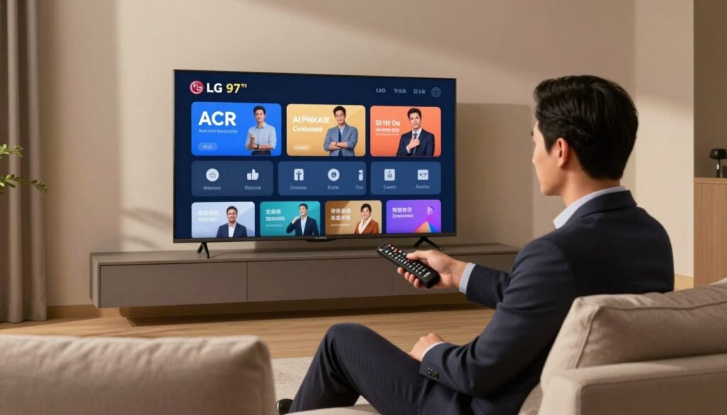 A modern living room featuring a large LG 97-inch Smart TV displaying an interface related to ACR (Automatic Content Recognition) features. In the foreground, a professional man in business attire is sitting on a stylish sofa, interacting with the TV remote, his focused expression conveying engagement with the technology. In the middle background, the sleek Smart TV showcases an intuitive menu with icons representing personalized ad settings. The room is well-lit with soft, warm lighting, enhancing the cozy yet tech-savvy ambiance. Soft shadows play on the walls, which are painted in neutral tones, creating a comfortable space. The angle captures a diagonal view of the room, emphasizing the impressive size of the TV while highlighting its modern design and the concept of interactive technology.