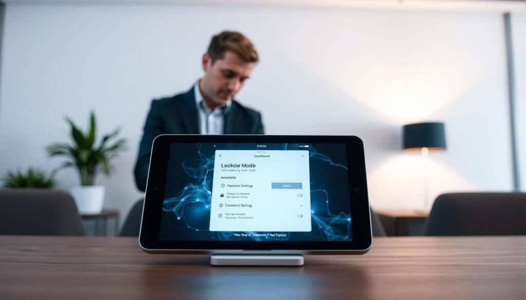 A sleek, modern Apple device, prominently displayed in the foreground, glowing softly to indicate the activation of lockdown mode. The device's screen shows a visually striking interface with security features highlighted, creating an air of high-tech sophistication. In the middle ground, a professional business person in modest attire is engaged in a focused activity, perhaps adjusting settings on the device with a look of concentration. The background features a contemporary office setting, with soft, diffused lighting casting a calm atmosphere. The scene is captured from a slight angle to emphasize both the device and the user, creating a sense of depth. The mood is serious yet tech-savvy, conveying the importance of digital security during lockdown.