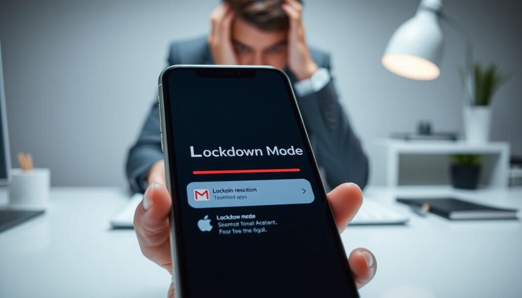 A sleek, modern smartphone display showing a "Lockdown Mode" interface, prominently featured in the foreground, with restricted app icons faded to convey limited functionality. In the middle ground, a user (dressed in professional business attire) appears visually frustrated while interacting with the device, highlighting the restrictions. The background subtly includes elements like a desk with an organized workspace and soft-focused office decor, suggesting a professional environment. Soft, diffused lighting creates a calm yet slightly tense atmosphere, emphasizing the limitations of technology during lockdown. The angle is slightly tilted to give depth, showcasing the interaction between the user and the device without any distractions.