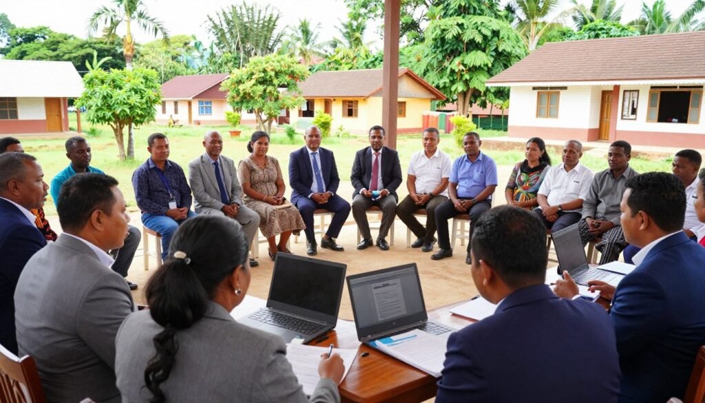 A vibrant village meeting scene capturing the essence of local governance. In the foreground, a diverse group of village officials, dressed in professional business attire—both men and women—are engaged in a discussion around a wooden table filled with documents and laptops. In the middle ground, supportive community members and local facilitators attentively listen, showcasing dedication and collaboration. The background depicts a village backdrop with traditional houses and lush greenery, under a soft, natural sunlight that conveys hope and warmth. The atmosphere is focused and cooperative, with a wide-angle view that emphasizes the connection between the officials and the community.