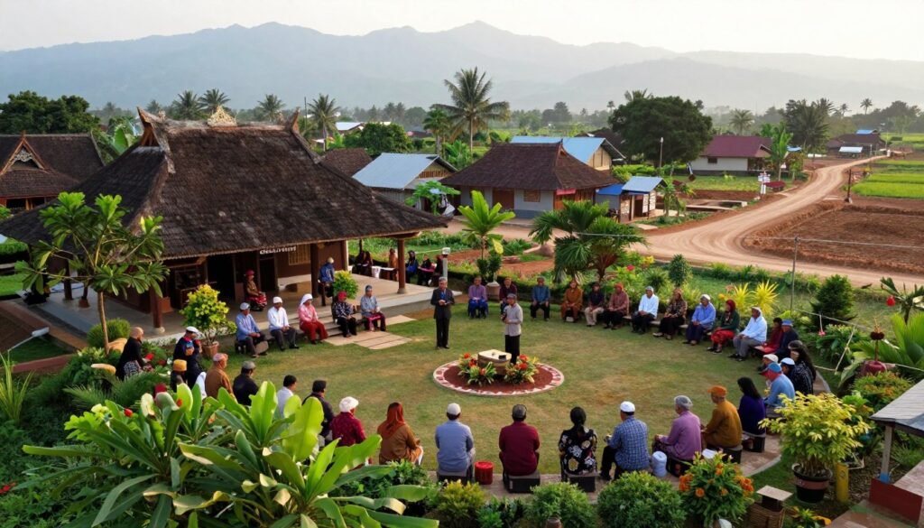 A vibrant village scene, showcasing "desa" with traditional Indonesian architecture in the foreground, featuring a well-tended community center surrounded by lush greenery. In the middle ground, depict residents engaged in communal activities, reflecting diverse social classes—some in professional attire conducting meetings, while others wear modest, colorful traditional clothing. The background reveals a rural landscape with distant mountains and partially constructed dusty roads, symbolizing ongoing development challenges. Soft, warm lighting enhances the inviting atmosphere, with a slight golden hour glow accentuating the scene. Use a wide-angle lens perspective to capture the lively dynamics of village life while emphasizing power dynamics and social participation, conveying a sense of hope and challenges for the community.
