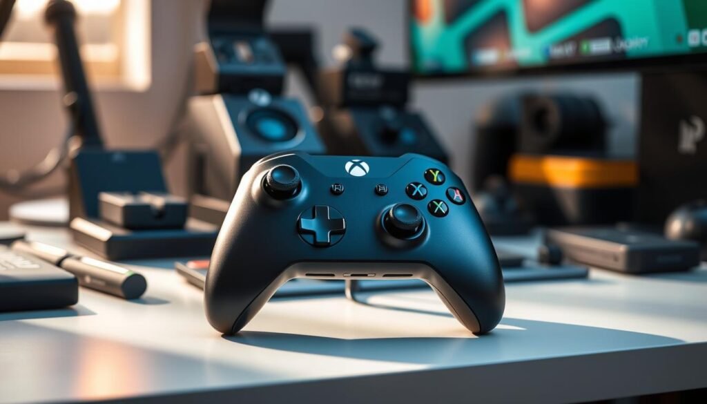 An Xbox Elite Series 2 controller prominently displayed in a high-tech gaming setup. The foreground features the sleek controller with customizable buttons and a textured grip, highlighting its ergonomic design and premium materials. In the middle, a blurred background of a modern gaming desk cluttered with accessories like rechargeable batteries and charging docks, suggesting a gaming lifestyle. Natural lighting from a nearby window casts soft shadows, enhancing the controller's glossy finish. Use a shallow depth of field to draw focus on the controller while hinting at the gaming environment. The mood is dynamic and engaging, embodying the excitement of gaming while subtly echoing the theme of accessory quality and battery performance. An Xbox Elite Series 2 controller prominently displayed in a high-tech gaming setup. The foreground features the sleek controller with customizable buttons and a textured grip, highlighting its ergonomic design and premium materials. In the middle, a blurred background of a modern gaming desk cluttered with accessories like rechargeable batteries and charging docks, suggesting a gaming lifestyle. Natural lighting from a nearby window casts soft shadows, enhancing the controller's glossy finish. Use a shallow depth of field to draw focus on the controller while hinting at the gaming environment. The mood is dynamic and engaging, embodying the excitement of gaming while subtly echoing the theme of accessory quality and battery performance.