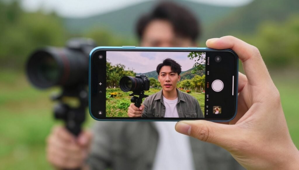 A modern flagship smartphone is prominently displayed in the foreground, showcasing its advanced camera features for video and zoom capabilities. The smartphone's screen is brightly lit, revealing a vibrant video recording interface with a scenic nature background behind it. In the middle ground, a professional content creator, dressed in smart casual attire, is holding the smartphone while looking intriguingly at the camera, suggesting engagement with the video feature. A soft bokeh effect blurs the lush green landscape in the background, emphasizing the smartphone's capabilities. The lighting is warm and inviting, creating an atmosphere of creativity and innovation, perfect for inspiring aspiring videographers. The composition conveys a sense of cutting-edge technology, highlighting the smartphone's ability to capture high-quality content effortlessly. A modern flagship smartphone is prominently displayed in the foreground, showcasing its advanced camera features for video and zoom capabilities. The smartphone's screen is brightly lit, revealing a vibrant video recording interface with a scenic nature background behind it. In the middle ground, a professional content creator, dressed in smart casual attire, is holding the smartphone while looking intriguingly at the camera, suggesting engagement with the video feature. A soft bokeh effect blurs the lush green landscape in the background, emphasizing the smartphone's capabilities. The lighting is warm and inviting, creating an atmosphere of creativity and innovation, perfect for inspiring aspiring videographers. The composition conveys a sense of cutting-edge technology, highlighting the smartphone's ability to capture high-quality content effortlessly.