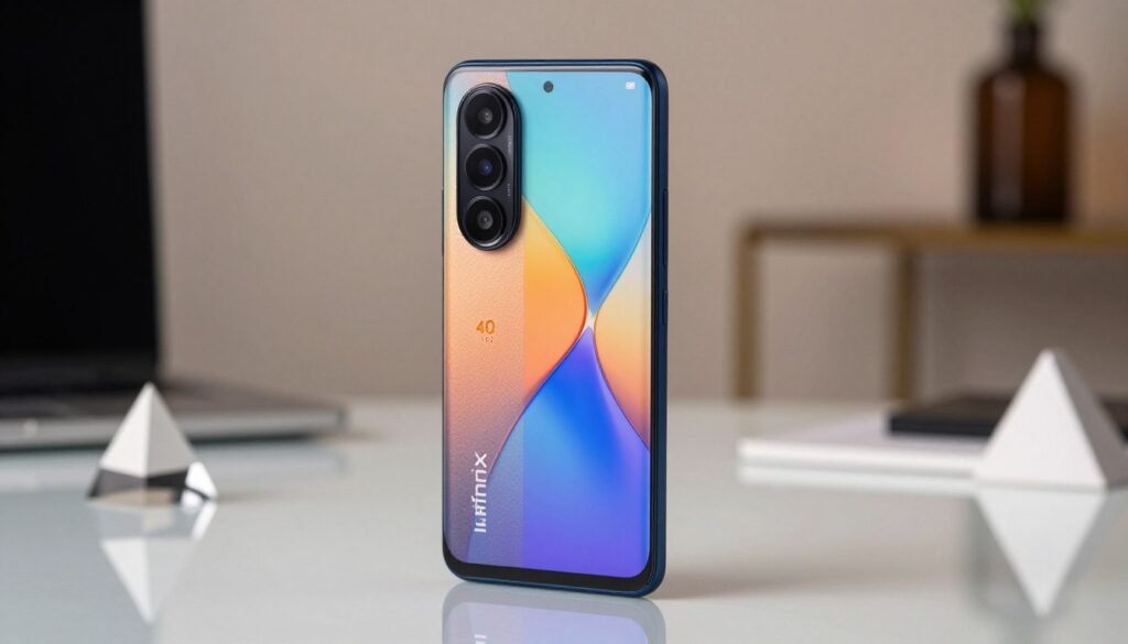 A sleek, modern smartphone, the Infinix Zero 40 5G, prominently displayed in a well-lit setting, showcasing its curved edges and luxurious vegan leather back. The foreground features the phone angled slightly towards the viewer, highlighting its vibrant display and sophisticated design. In the middle ground, subtle hints of a technology-inspired workspace with soft reflections on a glass surface and elegant geometric shapes, symbolizing innovation. The background is a blurred softly lit room, suggesting a stylish lifestyle ambiance. The overall mood is sleek and sophisticated, with soft, diffused lighting to enhance the phone's features. Use a high-res lens effect to add clarity to the smartphone while maintaining a harmonious, inviting atmosphere.