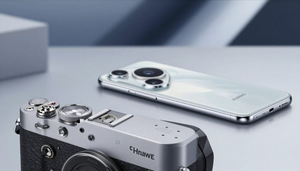 A unique pop-out camera mechanism, beautifully displayed in close-up. The foreground showcases the intricate details of the camera's components, including delicate gears and lenses, gleaming under soft overhead lighting. In the middle ground, a sleek smartphone, featuring the Huawei Pura 70 Ultra, rests on a minimalist surface. The background gently blurs to highlight a modern, tech-inspired environment with abstract shapes and soft gradients of blue and silver, evoking a high-tech atmosphere. The image should convey a sense of innovation and elegance, with a professional vibe, inviting viewers to explore the cutting-edge technology within the camera system, ensuring no text or additional elements distract from the subject. A unique pop-out camera mechanism, beautifully displayed in close-up. The foreground showcases the intricate details of the camera's components, including delicate gears and lenses, gleaming under soft overhead lighting. In the middle ground, a sleek smartphone, featuring the Huawei Pura 70 Ultra, rests on a minimalist surface. The background gently blurs to highlight a modern, tech-inspired environment with abstract shapes and soft gradients of blue and silver, evoking a high-tech atmosphere. The image should convey a sense of innovation and elegance, with a professional vibe, inviting viewers to explore the cutting-edge technology within the camera system, ensuring no text or additional elements distract from the subject.